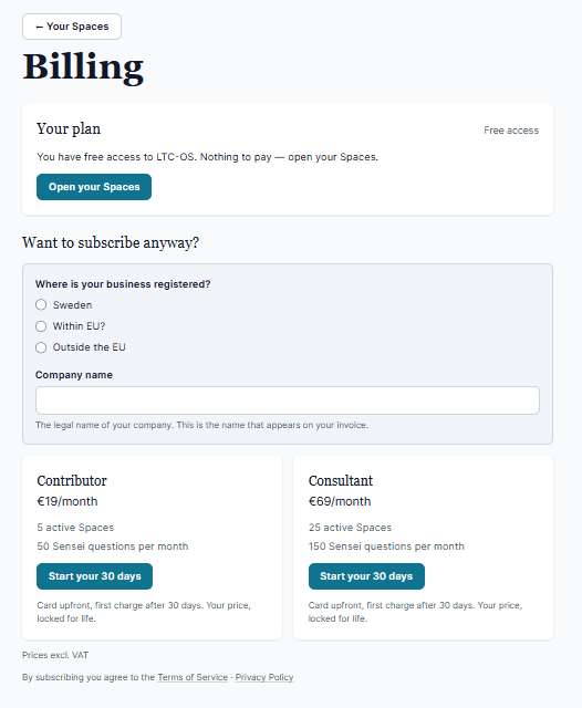 Figure 1.3 — Billing — choose your plan and where you and your company are located.