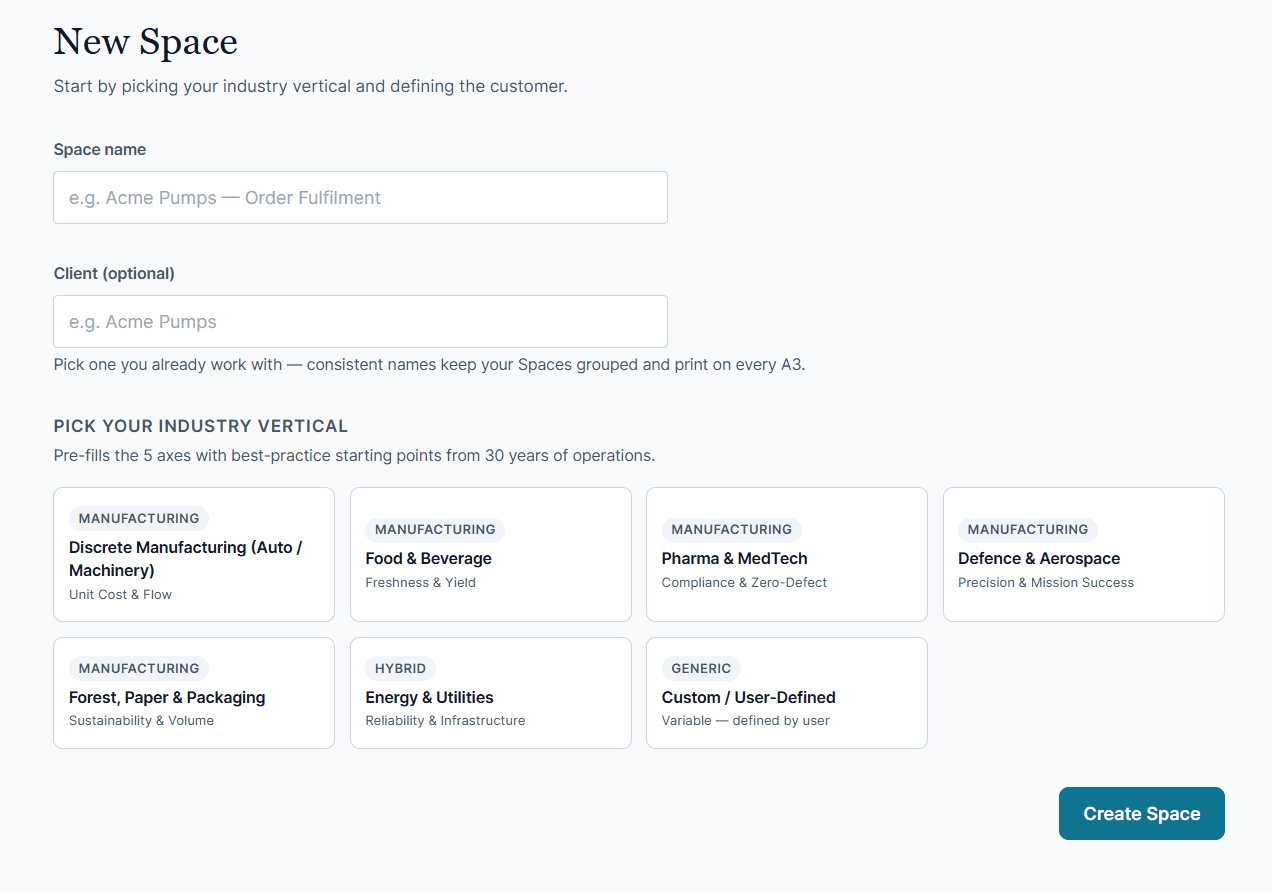 Figure 2.2 — Creating a Space: name, client, and the industry vertical picker.